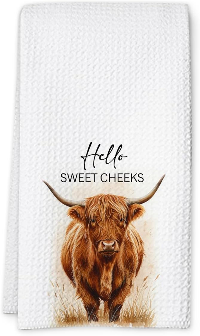 Highland Cow Farmhouse Hand Towels for Bathroom Kitchen Decor | Waffle Weave Microfiber Dish Towel Set | Hello Sweet Cheeks Farmhouse Cow Decorative - A01-Ruum Studio Home