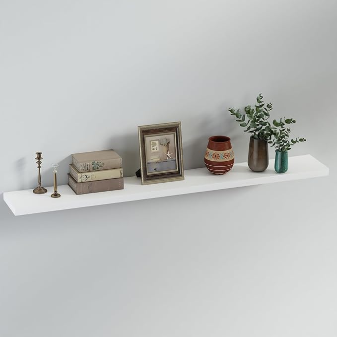 SAUMONIERES Floating Shelves 8 Inch Deep Solid Wood Wide Wall Shelf Set of 1 Wall Mounted for Bedroom Bathroom Living Room Kitchen, 55 Inch White-Ruum Studio Home