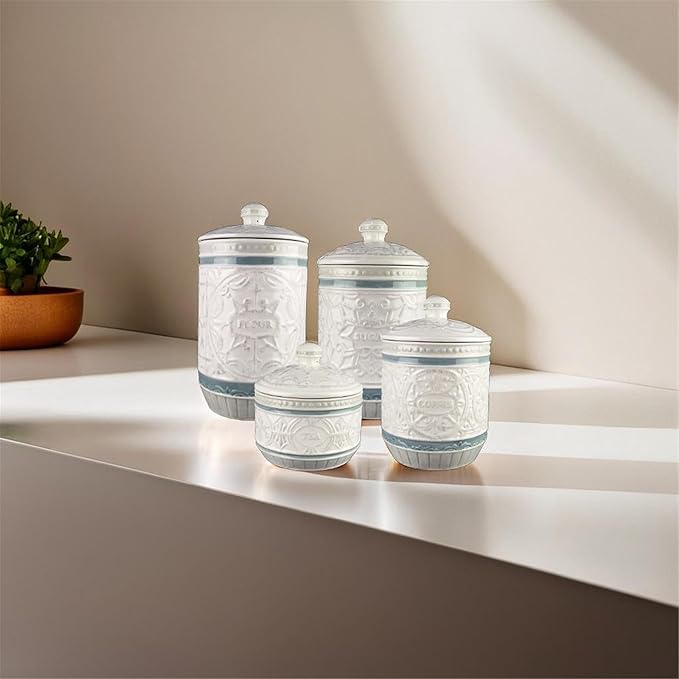 Young's Inc. 4 Pcs Set Casual Provincial Ceramic Canisters- Storage Container for Kitchen and Bathroom - Beautiful Home Decor Accent to Store Food, Coffee, Tea, and More - Green, White-Ruum Studio Home
