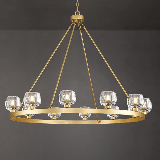 Gold Wagon Wheel Chandelier, 48 Inch Brass Chandeliers with Unique Glass Shade, 12-Light Crystal Large Wagon Wheel Chandeliers for Dining Room, High Ceiling Round Chandelier for Living Room, Foyer-Ruum Studio Home
