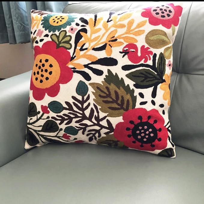 Red Polish Floral Pillow Cover Bird Flower Pillowcase Floral Outdoor Suzani Cushions Flowery Throw Chair Cushion Farmhouse Pillowsham Hand Embroidered Wool 18x18 Inch-Ruum Studio Home