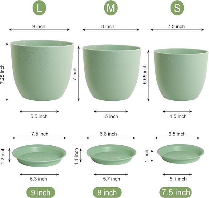 Flower Pots 9/8/7.5 inch, Plant Pots for Indoor Outdoor Plants, Set of 3 Modern Decorative Plastic Planters with Drainage Holes and Saucers for Garden Porch House Plants, Green-Ruum Studio Home