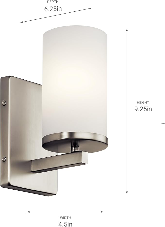 Kichler Crosby 9.25" Wall Sconce in Brushed Nickel, 1-Light Contemporary Hallway or Bathroom Light with Satin Etched Cased Opal Glass, (9.25" H x 4.5" W), 45495NI-Ruum Studio Home