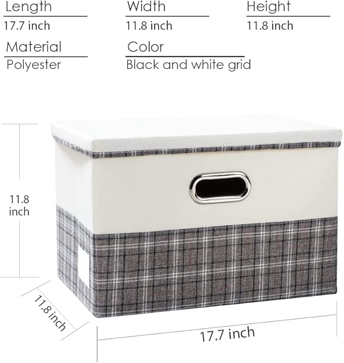 PRANDOM Large Collapsible Storage Bins with Lids [3-Pack] Fabric Foldable Storage Boxes Organizer Containers Baskets Cube with Cover for Home Bedroom Closet Office Gray plaid & Cream(17.7x11.8x11.8)-Ruum Studio Home