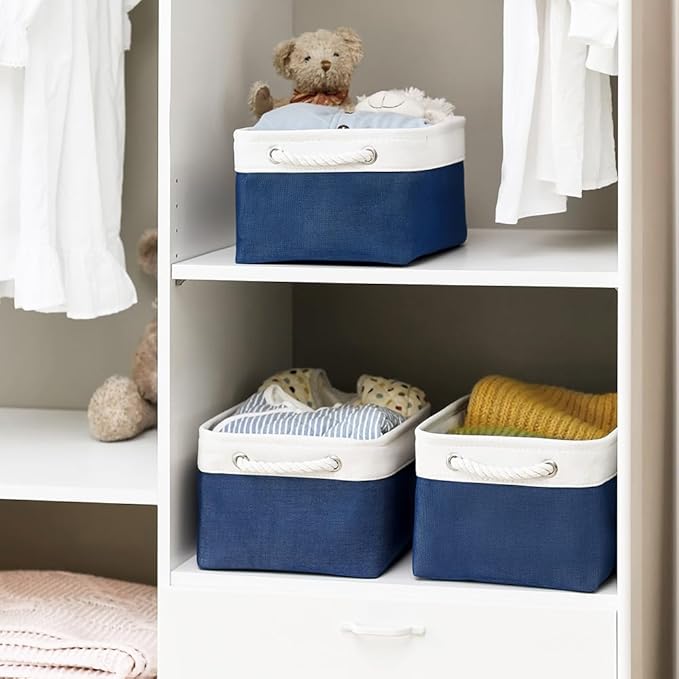 TheWarmHome Storage Bins for Shelves - 1 Pack 13.8x9.7x6.7 inch Collapsible Storage Basket for Organizing, Dog Toy Bin for Closet Organizer laundry Cloth Nursery (White & Jean Blue)-Ruum Studio Home