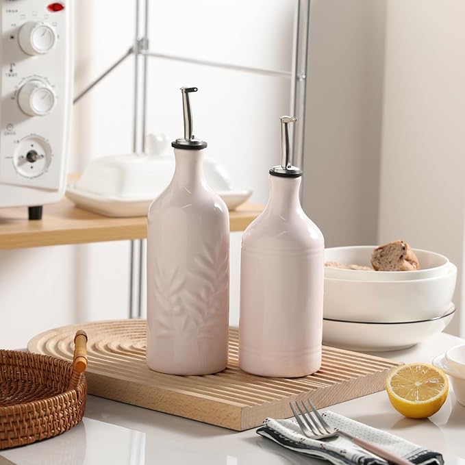 Sweejar Ceramic Olive Oil Dispenser Bottle, 20 Oz Relief Opaque Oil Cruet Protects To Reduce Oxidation, Suitable for Storage Vinegar, Soy Sauce,Liquids,Set of 1 (Rose Pink)-Ruum Studio Home