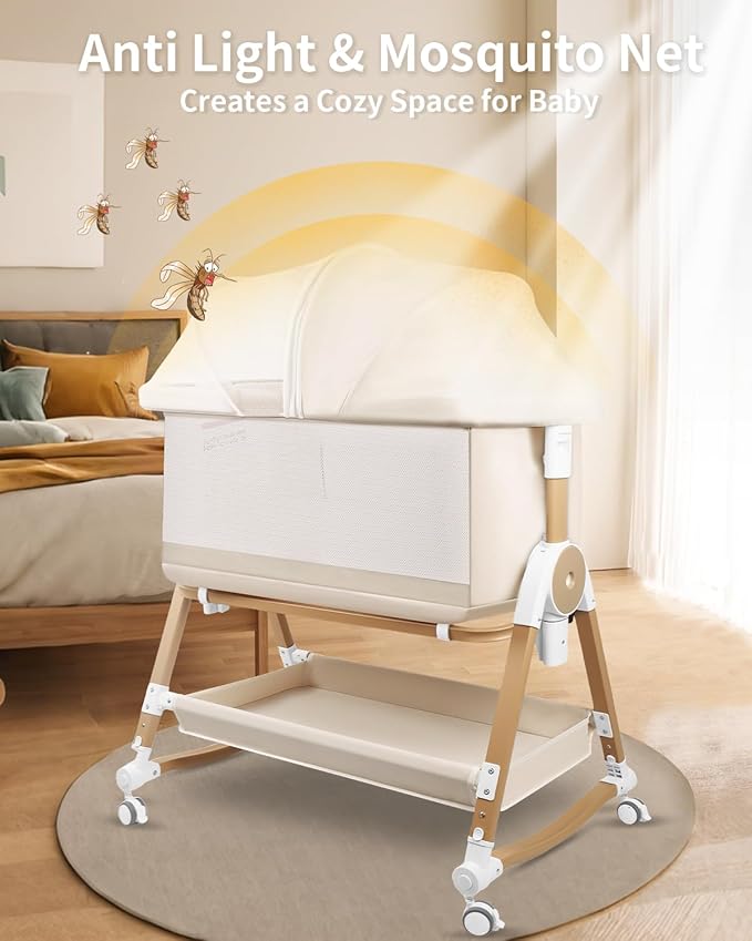 4 in 1 Baby Bassinet, Bassinets Bedside Sleeper with Wheels and Storage Basket, Adjustable 7 Heights Bedside Sleeper with Mosquito Net, Breathable Mesh Rocking Bassinet for Baby-Ruum Studio Home
