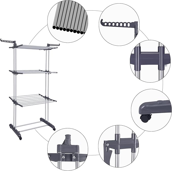 Bigzzia Clothes Drying Rack Folding Drying Rack Clothing 4 Tier Clothes Horses Rack Stainless Steel Laundry Drying Rack with Two Side Wings Grey-Ruum Studio Home