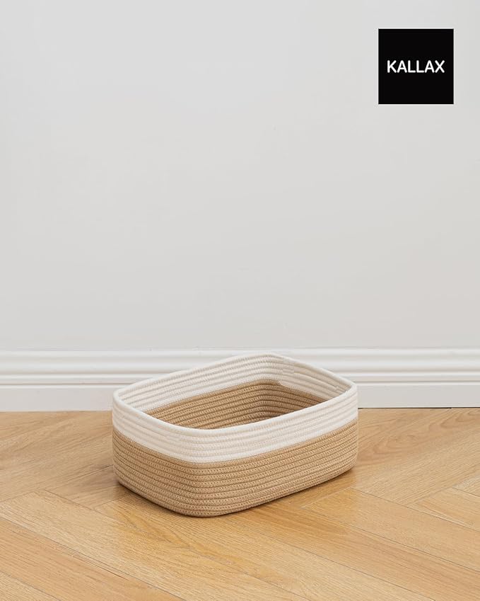 KALLAX Small Woven Basket, 13.5 x 9.5 x 5 Inches, Storage Basket for Organizing, Cute Small Rope Shelf Closet Cube Storage Bins Baskets for Shelves, Dog Toy Gift Baskets Empty, 3 Pack White & Brown-Ruum Studio Home