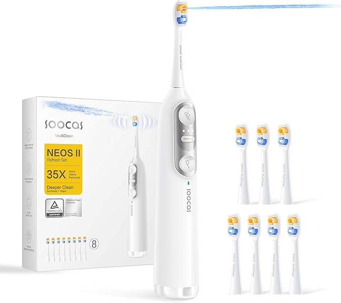 Soocas NEOS II Refresh Set - Electric Toothbrush with Water Flosser, Sonic Electric Toothbrush for Adults, Portable for Travel, Deep Clean for Implants & Braces, Healthier Gums, Pearl White-Ruum Studio Home