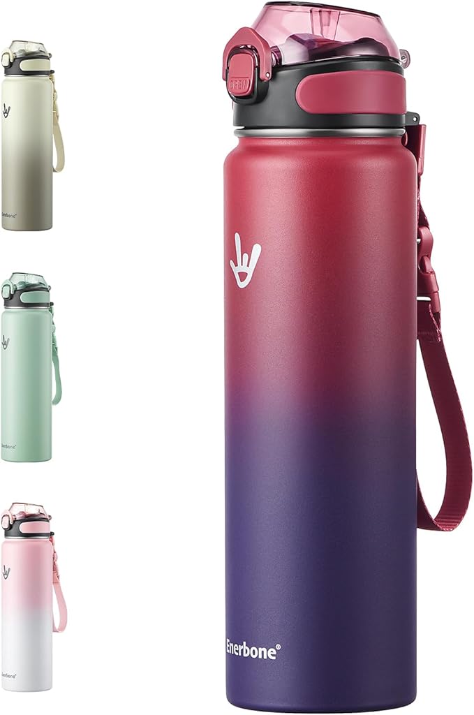 Enerbone 32 oz Insulated Water Bottle, Stainless Steel Bottle with Carrying Strap, Double-Wall Vacuum Insulation Design, Leakproof Sports Bottle with Straw, Keep Drinks Cold or Hot for Hours-Ruum Studio Home