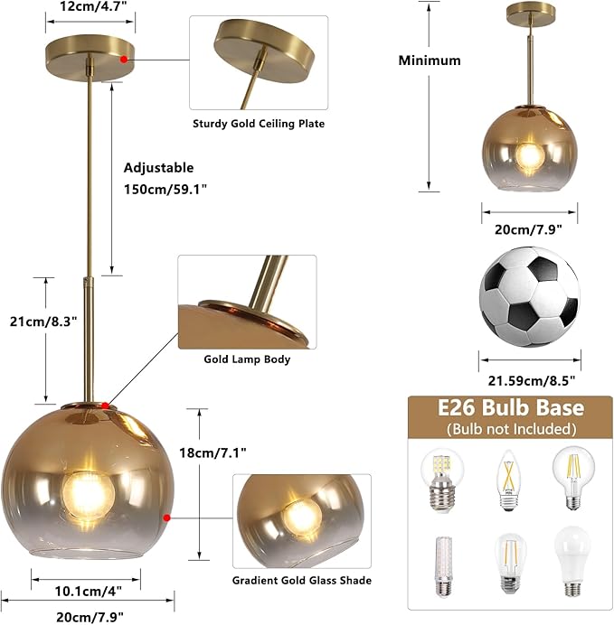 KCO Lighting Glass Globe Hanging Light Fixture Modern Gold Pendant Lights Kitchen Island Mid Century Dining Room Hanging Light Fixtures Over Table Single Pendant Light-Ruum Studio Home