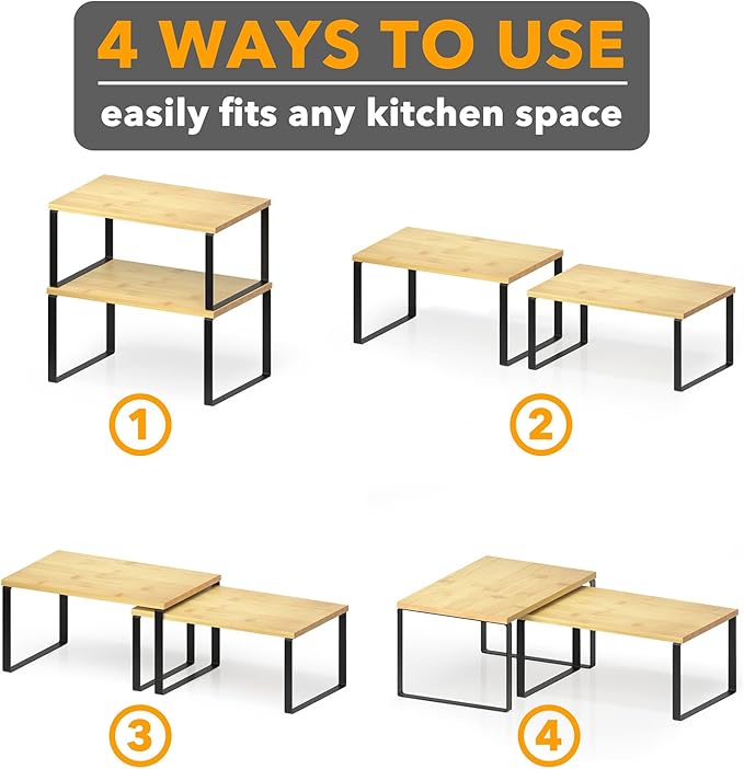 SpaceAid Cabinet Shelf Organizers 2 Pack, Kitchen Counter Rack Shelves Riser, Stackable Expandable Spice Rack, Pantry Cupboard Storage Organization (Black and Natural, Short)-Ruum Studio Home