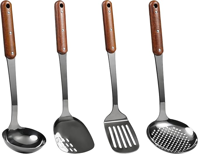FJNATINH Stainless Steel Wok Spatula,Slotted Spatulas,Ladle,Skimmer Ladle Tool Set,Mirror Polished Cooking Utensils Kitchen Cookware, Pack of 4,Black-Ruum Studio Home
