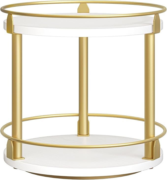 Lazy Susan Organizer, Rotating Spice Rack, 2 Tier Spice Turntable Organizer, Industrial Turntable Spice Holder, for Kitchen Countertop and Cabinet, Compact and Versatile, White and Gold SR22DW-Ruum Studio Home