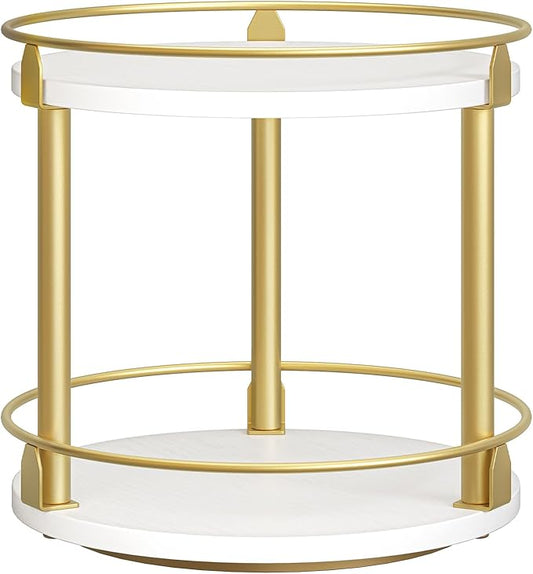 Lazy Susan Organizer, Rotating Spice Rack, 2 Tier Spice Turntable Organizer, Industrial Turntable Spice Holder, for Kitchen Countertop and Cabinet, Compact and Versatile, White and Gold SR22DW-Ruum Studio Home