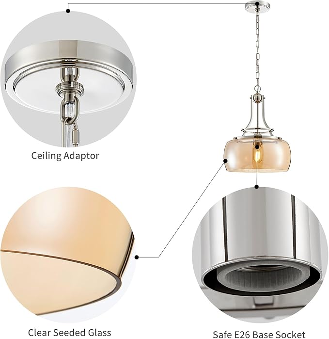 WUZUPS Nickel Chandelier Rustic Farmhouse Industrial Round Ceiling Pendant LED Light Fixture with Amber Glass Shade for Dining Room Kitchen Island Foyer Entryway, H 17" W 13.4", E26 Base-Ruum Studio Home
