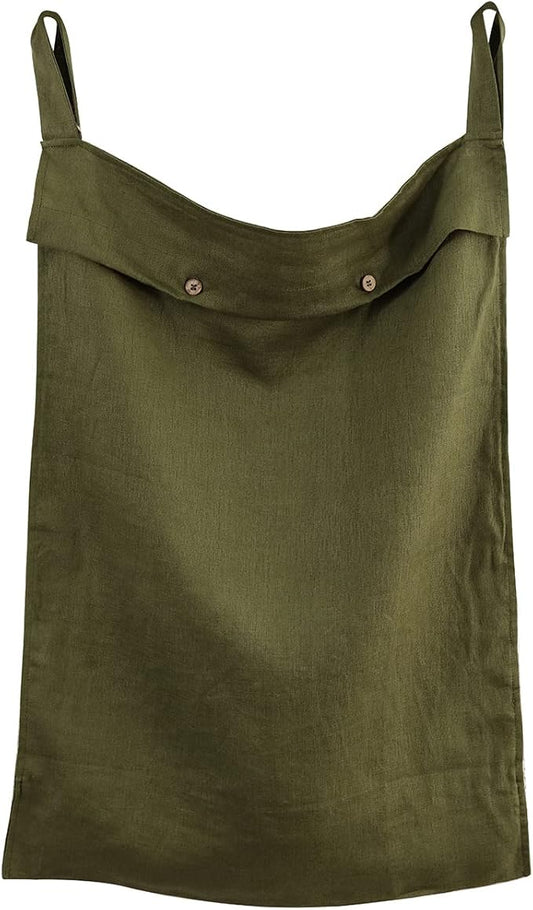 Linen Hanging Laundry Bag, 100% Linen Over The Door Laundry Hamper with Buttons and Zipper, Space Saving Door Hampers for Laundry Dirty Clothes Home Travel, Green-Ruum Studio Home