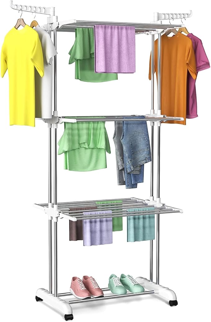 Bigzzia Clothes Drying Rack, Folding Stainless Steel Drying Rack Clothing Indoor Outdoor, Space-Saving, 4 Tier Laundry Drying Rack with Two Side Wings -Grey White-Ruum Studio Home