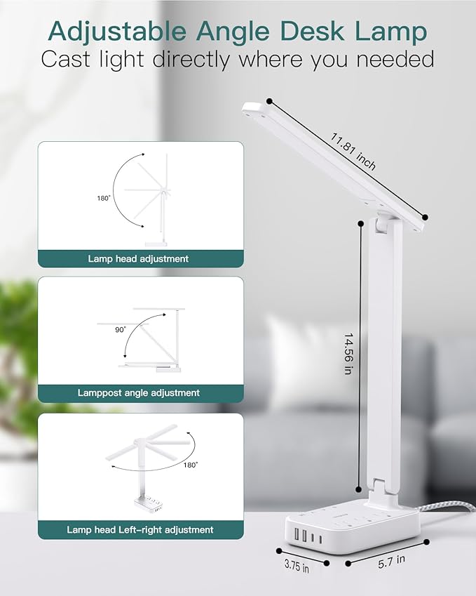 Addtam LED Desk Lamp, Power Strip with 3 Outlets 4 USB Charging Ports(2 USBC), 4 Modes 5 Level Brightness Touch Lamp, Small Desk Lamp for Home Office College Dorm Room Essentials, White-Ruum Studio Home