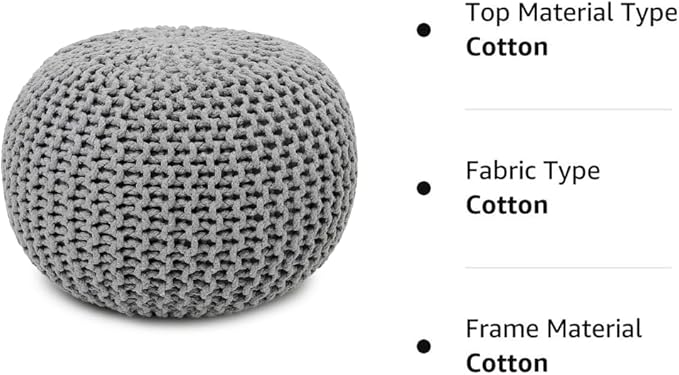 REDEARTH Round Boho Pouf Ottoman - Cable Knitted Cord Boho Pouffe - Stuffed Poof Accent Beanbag Footrest for Living Room - Nursery - Bedroom - Covered Patio - Study Nook (18”x18”x14”) - Gray-S-Ruum Studio Home