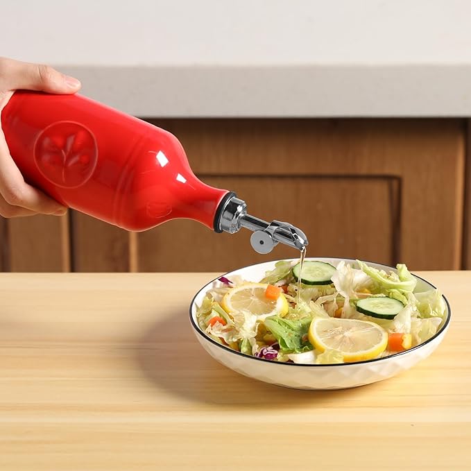 Sweejar 16 Oz Ceramic Olive Oil Dispenser Bottle, Oil Dispenser for Kitchen with Gravity Spout, Relief Opaque Oil Container for Evoo, Avocado Oil, Vinegar, Soy Sauce, 1 Pack(Red, Silver Spout)-Ruum Studio Home