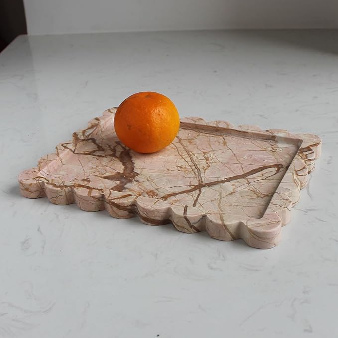 Natural Luxury Scalloped Marble Tray 10.8"x8", Rectangle Vanity Tray for Bathroom Kitchen Counter, Decorative Tray for Dresser Home Decor (Pink Marble)-Ruum Studio Home