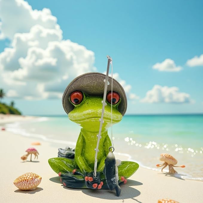 Frog Fishing Decor, Summer Garden Statues, Ocean Beach Decorations, Home Bookshelf Desktop Statues Shelves Bathroom Decorative Ornaments Gift (Frog Fishing)-Ruum Studio Home