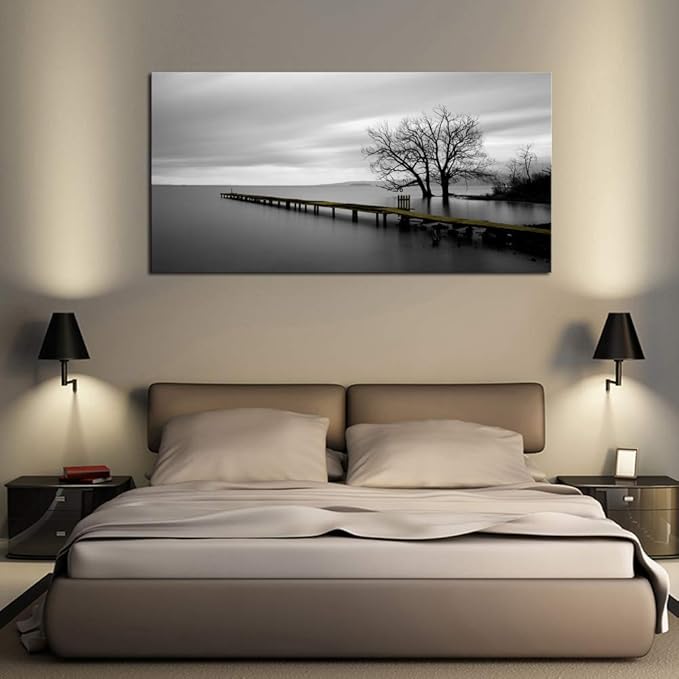 DZL Art S74950 Gray Canvas Prints Modern Minimalist Black and White Lake Trees Landscape Wall Art Painting for Living Room Bedroom Decor Office Wall Decor Home Decoration-Ruum Studio Home