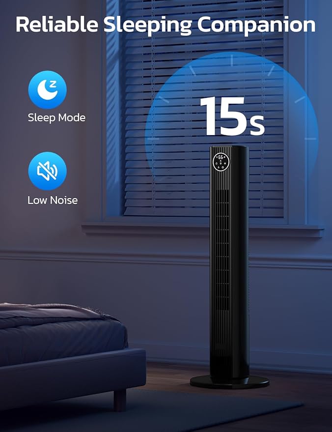 ZAFRO Tower Fan for Bedroom, 90° Oscillating Fan with 12H Timer, 37”Standing Fans with Remote, Bladeless Fan with 4 Modes & 3 Speeds, Black-Ruum Studio Home
