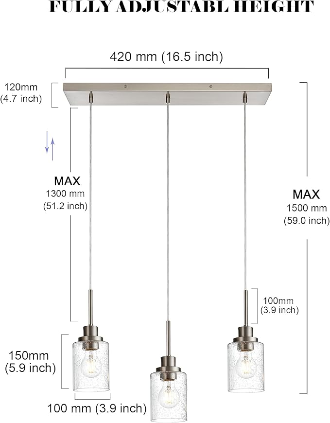 3-Light Farmhouse Chandelier Light Fixture Brushed Nickel Clear Seeded Glass Dining Room Hanging Modern Pendant Lighting Over Table,Traditional Ceiling Lights for Kitchen Island Entryway-Ruum Studio Home