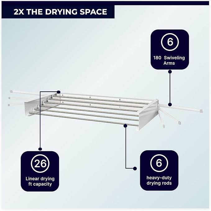 MODERN-X Wall Mounted Clothes Drying Rack with 6 Swivel arms, 35”Wide, 26 Linear ft of Laundry Drying Rack Space, 6 Collapsible Aluminum rods, 2X Drying Capacity, Space Organizer Holds up to 60lbs-Ruum Studio Home