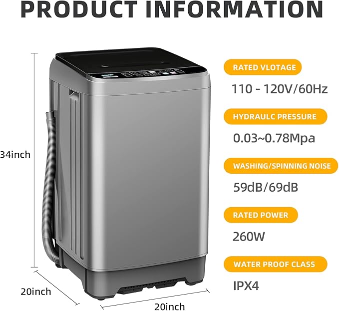 Portable Washing Machine 2.3 Cu. Ft. Full-Automatic Compact Washer Machine for Apartment, 10 Wash Program Small Portable Washer for Dorm, Apartment, RV, Home, Silver-Ruum Studio Home