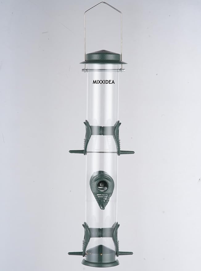 MIXXIDEA 1PK Metal Bird Feeders with 6 Feeding Ports,Tube Bird Feeder with Steel Hanger,Hard Plastic Wild Bird Feeder for Outdoors Hanging, Attracting Birds in Your Lawn, Garden, Balcony–Green-Ruum Studio Home