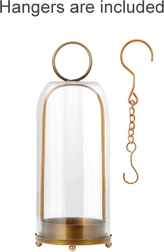 16" High Versatile Modern Metal Hurricane Lantern with Handmade Sturdy Glass Dome for Pillar Candle & Plants (Brass, 6.3"x16.5")-Ruum Studio Home