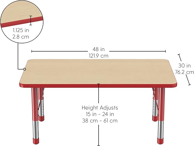 FDP Rectangle Activity School and Classroom Kids Table (30 x 48 inch), Chunky Toddler Legs, Adjustable Height 15-24 inches - Maple Top and Red Edge-Ruum Studio Home