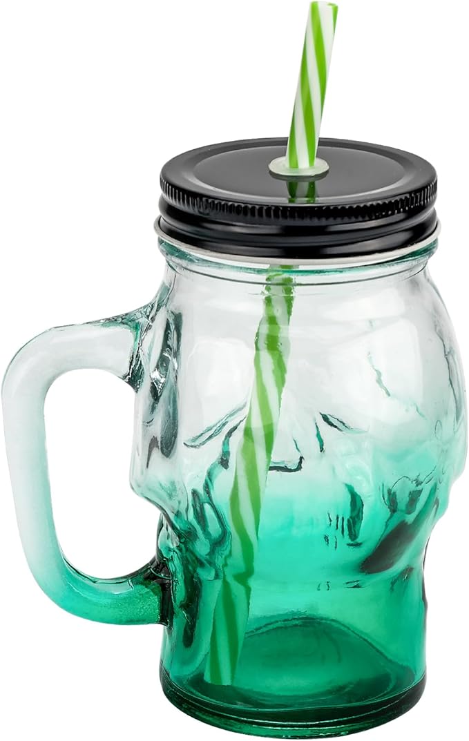 Halloween Cups Set of 4 - Green Skull Glass Drinking Jar with Lids and Straws - Halloween Decor, Drinking Glasses 16 oz-Ruum Studio Home