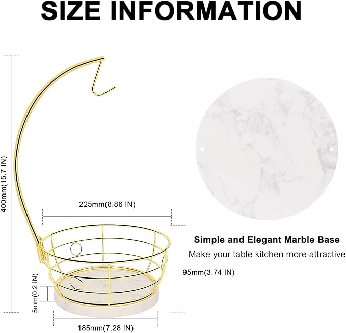 Livabber Countertop Fruit Basket Bowl with Banana Hanger, Modern Standing Fruit Vegetable Bowl Storage, with Banana Tree Holder for Kitchen Dinning Table (Round Marble, Gold)-Ruum Studio Home
