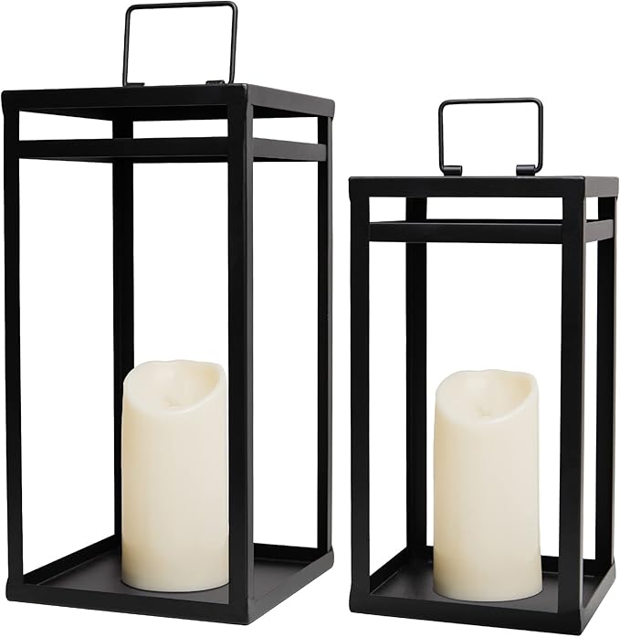 HPC Decor Black Metal Candle Lanterns Set of 2- Lanterns Decorative w/ LED Timer Candles- 15.8'' & 12.6'' Chunky Modern Farmhouse Lantern Decor for Indoor,Outdoor,Fireplace,Porch (No Glass)-Ruum Studio Home