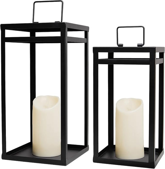 HPC Decor Black Metal Candle Lanterns Set of 2- Lanterns Decorative w/ LED Timer Candles- 15.8'' & 12.6'' Chunky Modern Farmhouse Lantern Decor for Indoor,Outdoor,Fireplace,Porch (No Glass)-Ruum Studio Home