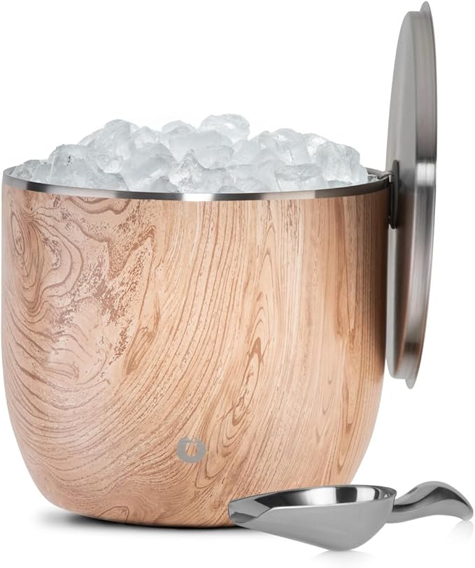 SNOWFOX XL Premium Vacuum Insulated Double Wall Stainless Steel Ice Bucket with Lid/Scoop, Bar Accessories, Large Elegant Party Bucket, Chill Several Bottles, Beautiful Entertaining, 7L, Natural Teak-Ruum Studio Home