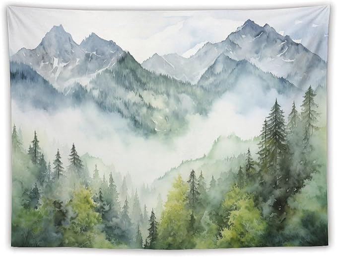 HZOHNAGO Mountain Tapestry Misty Green Forest Mountain Pattern Printed Wall Tapestry Wall Hanging for Bedroom Living Room Dorm 80" W x 60" H-Ruum Studio Home
