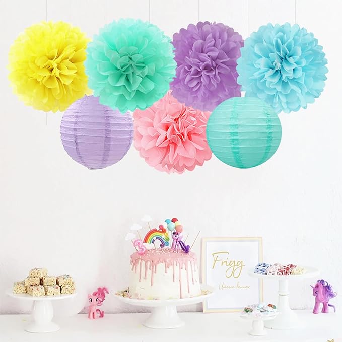 Pastel Rainbow Colorful Party-Decorations Paper Flowers Lanterns - 15PCS Birthday Classroom Baby Shower Tissue Pom Poms Streamers, Macaron Carnival Theme Hanging Supplies Decor Hugfond-Ruum Studio Home