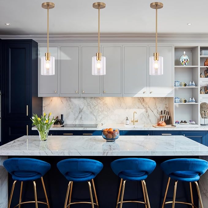 Brass Pendant Lights Kitchen Island,Modern Farmhouse Clear Glass Pendant Light,Gold Light Fixture Kitchen Pendant Mini Hanging Light Fixture for Sink (Brass 2 Pack stem Rod)-Ruum Studio Home