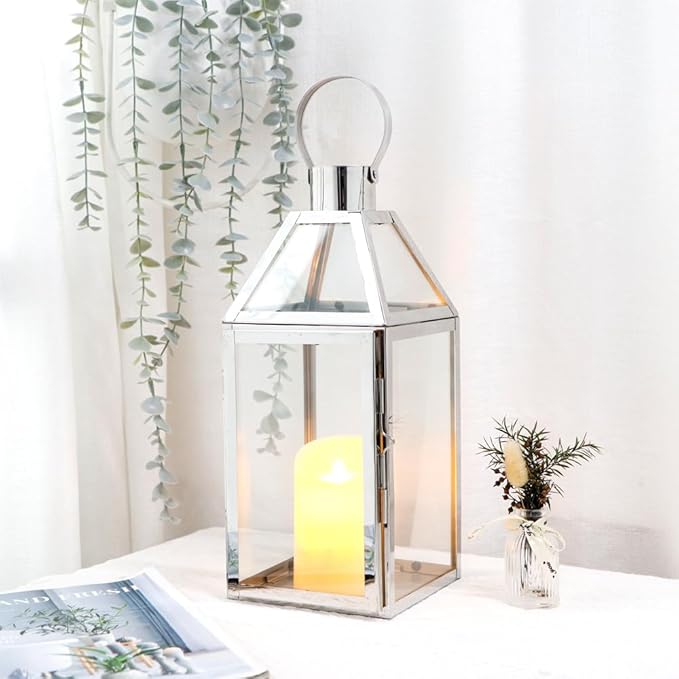 JHY Design Silver Decorative Lanterns 16inch High Stainless Steel Candle Lanterns with Tempered Glass for Indoor Outdoor Events Parities and Weddings-Ruum Studio Home