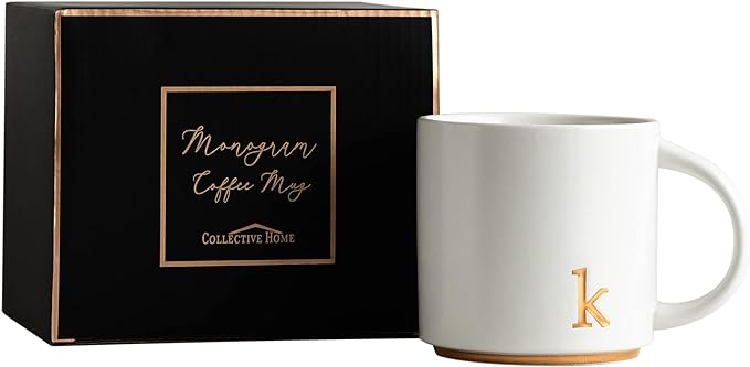 COLLECTIVE HOME - Monogram Ceramic Mugs, 15 oz Golden Initial Coffee Cups, Elegant Alphabet Tea Mugs, Elegant Personalized Mug with Gift Box, Luxurious Cups for Office and Home (k)-Ruum Studio Home