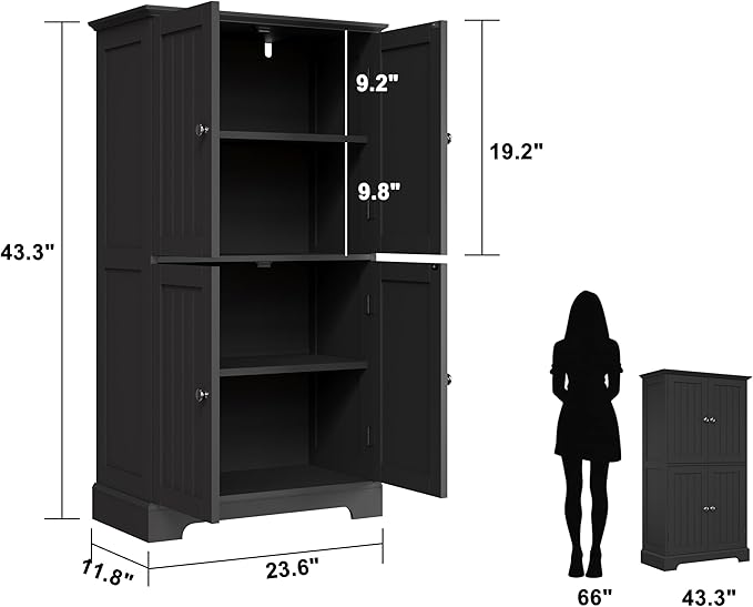 ChooChoo Bathroom Floor Cabinet, Modern Bathroom Storage Cabinet with 4 Doors and Adjustable Shelves, Freestanding Cupboard for Living Room, Black-Ruum Studio Home