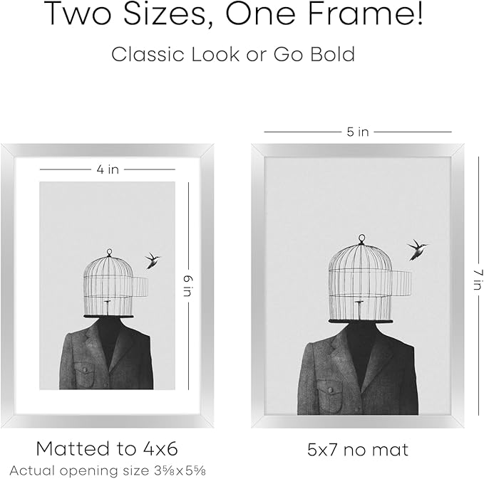Homeforia 5x7 Picture Frame Silver, High End Metal 5 x 7 Silver Frames with Mat 4 x 6 Print, 5by7 Desk Frame Matted to 4x6 inch Photo, 5 by 7 Wall or Tabletop Frame, Tempered Glass, Wall Kit, Set of 1-Ruum Studio Home