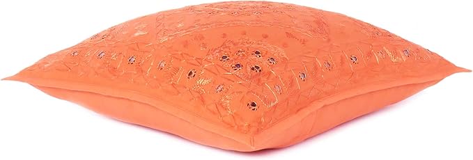 Eyes of India Embroidered Decorative Boho Throw Pillow Cover with Mirrors, Handmade Bohemian Accent Cushion Case for Sofa Couch Bedroom Living Room (Orange, 16" x 16")-Ruum Studio Home