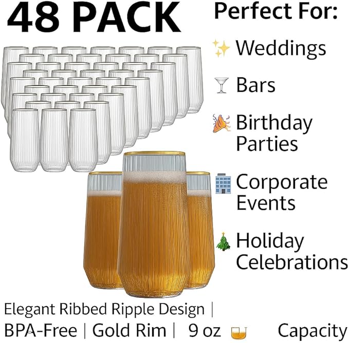 48 Pack Ribbed Ripple Stemless Toasting Glasses, Origami Durable 9 Oz BPA-Free Disposable Plastic Champagne Flutes for Weddings, Bars, Events, and Celebrations (Gold Rim)-Ruum Studio Home